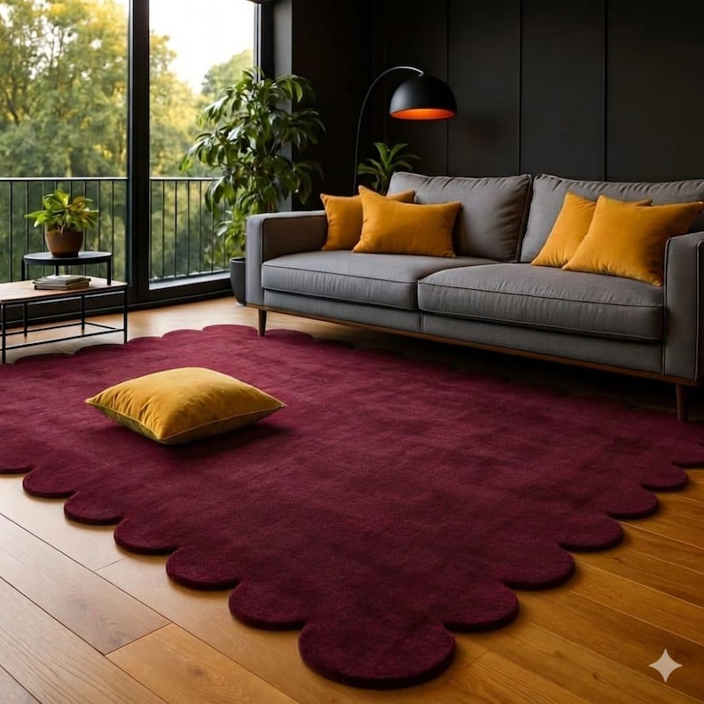 handmade tufted rug, burgundy rug, scalloped edge rug, modern area rug, plush carpet, luxury rug, living room rug, statement rug, custom tufted rug, aesthetic decor rug, contemporary rug, soft floor rug, unique shape rug