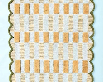 Matilda Plaid Blue Hand Tufted Wool 4x6 5x8 6x9 8x10 9x12 Rug, Modern Scallop Design Rug For Living Room, Bedroom, Office, Kids, Nursery.
