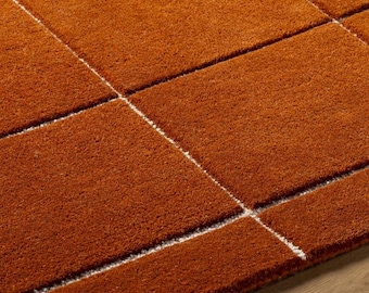 Alfombra de rejilla tejida a mano, alfombra de área de lana color naranja quemado, alfombra a cuadros minimalista moderna, decoración de alfombras de lujo hechas a mano
