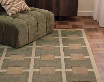 Alfombra geométrica tejida a mano, alfombra moderna de lana, alfombra a cuadros neutra, alfombra contemporánea para sala de estar.