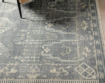 Alfombra Oushak azul grisácea, alfombra turca vintage, alfombra boho desgastada, alfombra de aspecto artesanal para la sala de estar.