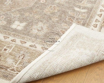 Alfombra Oushak vintage, alfombra turca beige, alfombra de área neutra, alfombra anatolia desgastada, alfombra de sala de estar estilo granja bohemia