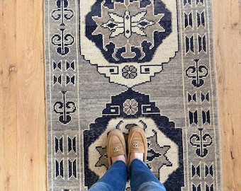 Alfombra de pasillo Oushak azul, alfombra turca Oushak, alfombra vintage Oushak hecha a mano, alfombra de pasillo con medallón azul grisáceo, cualquier tamaño, hecha a medida.