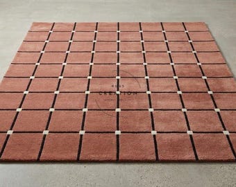 Alfombra moderna tejida a mano, alfombra a cuadros rosas, alfombra geométrica de lana, alfombra de lujo para sala de estar y dormitorio, lista para enviar.