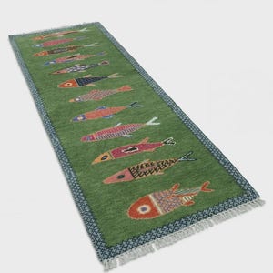 Koi Fish Runner Rug: Green Colorful Carpet Handmade Wool Area Rug image 4