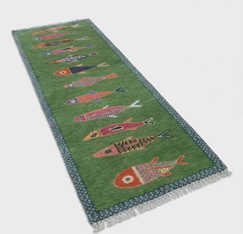 Koi Fish Runner Rug: Green Colorful Carpet Handmade Wool Area Rug image 4