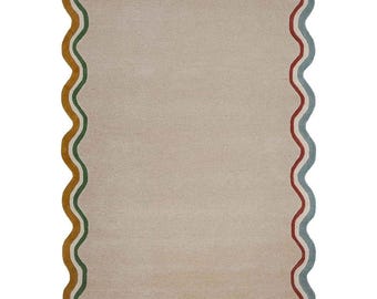 Multicolor Scalloped Wavy Border Hand Tufted Rug Neutral Beige Area Carpet Modern Playful Living Room Kids Room Statement Decor