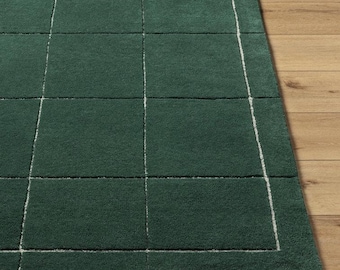 Alfombra de rejilla verde tejida a mano, alfombra moderna a cuadros, alfombra minimalista de lana, alfombra escandinava hecha a mano para sala de estar.