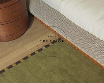Alfombra verde oliva tejida a mano, alfombra moderna con borde, alfombra de lana de lujo hecha a mano, alfombra personalizada para sala de estar o dormitorio.
