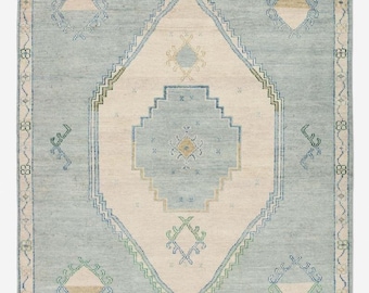 Alfombra Oushak azul claro de 23 x 30 cm, alfombra Oushak turca vintage, alfombra medallón hecha a mano, alfombra beige azul para sala de estar, alfombra tradicional turca
