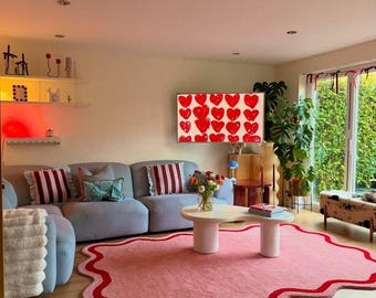 Hand Tufted Pink Abstract Rug, Wavy Edge Red Border Rug, Modern Aesthetic Area Rug, Handmade Designer Carpet for Living Room Decor