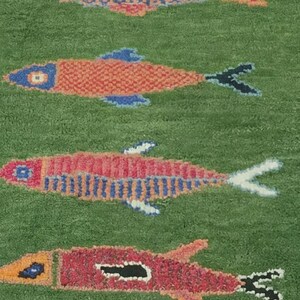 Koi Fish Runner Rug: Green Colorful Carpet Handmade Wool Area Rug image 2