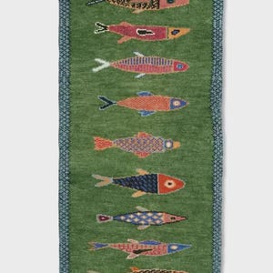 fish runner rug, koi fish rug, handmade wool runner, green hallway runner, whimsical rug runner, coastal runner rug, kids room runner rug, long hallway runner, animal motif rug, entryway runner rug, custom size runner, beach house runner, wall hanging rug