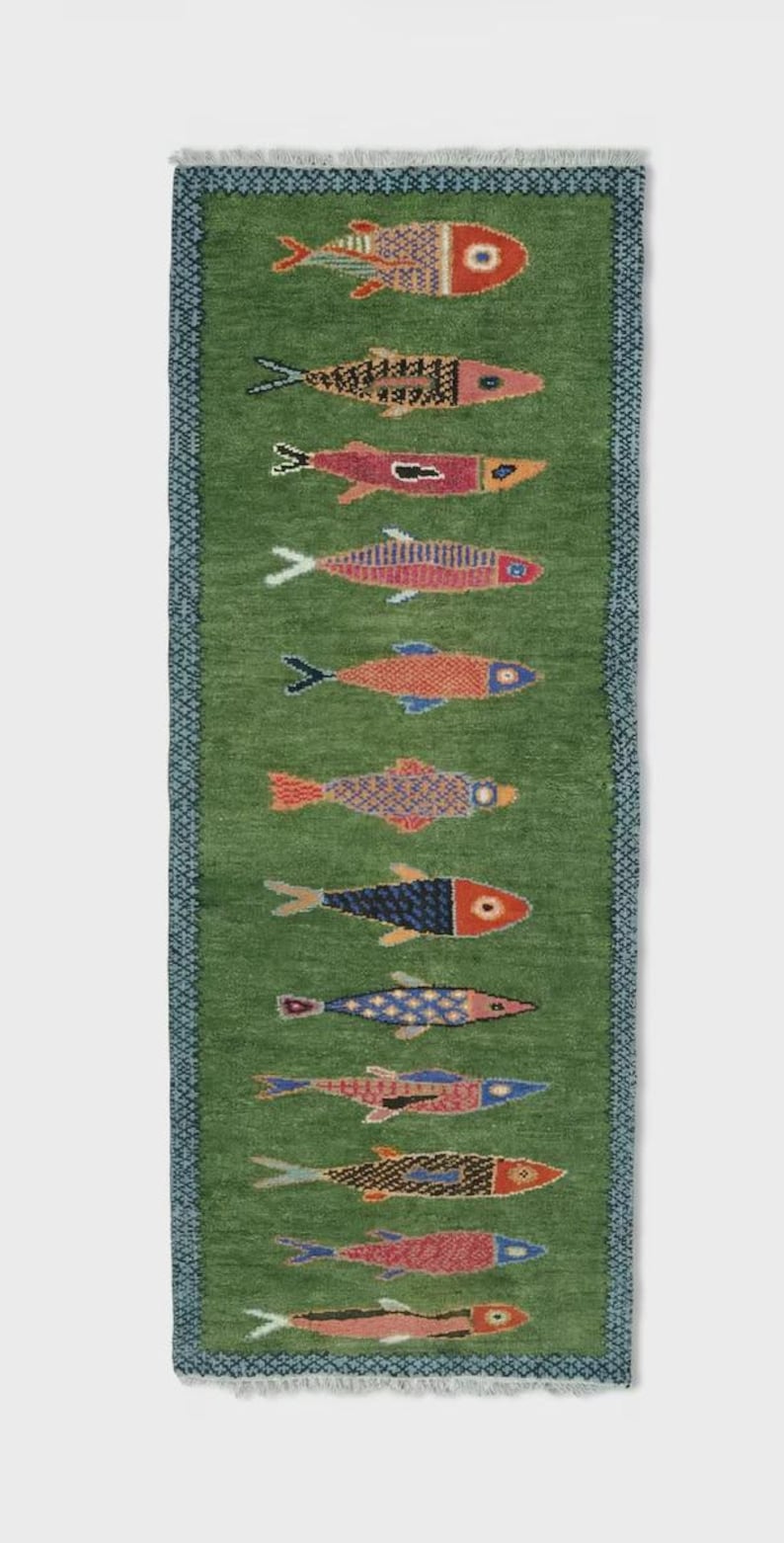 fish runner rug, koi fish rug, handmade wool runner, green hallway runner, whimsical rug runner, coastal runner rug, kids room runner rug, long hallway runner, animal motif rug, entryway runner rug, custom size runner, beach house runner, wall hanging rug