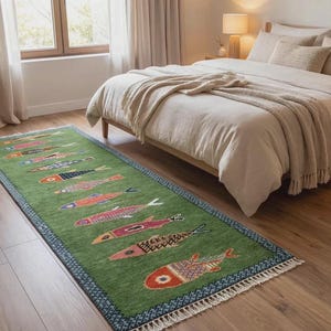 Koi Fish Runner Rug: Green Colorful Carpet Handmade Wool Area Rug image 6