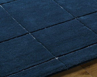 Alfombra de lujo azul marino tejida a mano, alfombra geométrica moderna, alfombra de lana mullida, alfombra contemporánea para sala de estar o dormitorio.