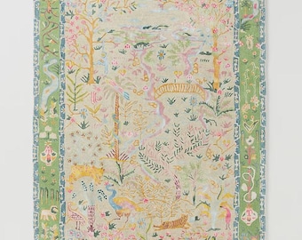 Tales Menagerie Green Hand Tufted Wool Animal Motif Design Rug. Oriental Style Handmade High Quality Rug for Living Room, Bedroom, Office.