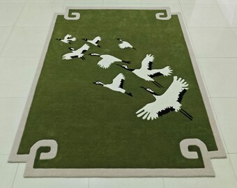 Hand Tufted Wool Rug Green Crane Bird Design, Handmade Area Rug, Modern Minimalist Carpet, Living Room Decor, Custom Size Rug