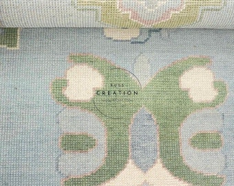 Alfombra Oushak azul pastel marfil, alfombra turca de lana con estampado floral, alfombra Oushak vintage verde salvia, alfombra de área hecha a mano