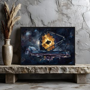 May include: A framed artwork depicting the James Webb Space Telescope against a dark, starry background. The telescope's gold-colored hexagonal mirror and other components are detailed. The artwork is displayed on a stone shelf with a vase of dried plants.