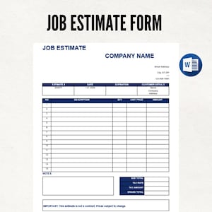 Puede incluir: Un formulario de presupuesto de trabajo blanco con texto azul y un borde azul. El formulario incluye campos para el número de presupuesto, la fecha, la descripción, la cantidad, el precio unitario y el importe. El texto "JOB ESTIMATE FORM" está en la parte superior.