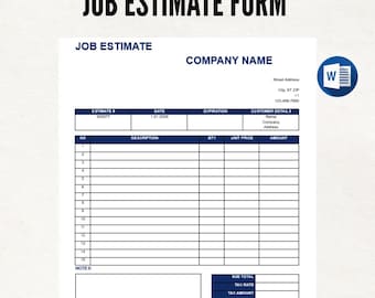 Job Estimate Template Printable. Estimate Form For Small Business. Editable Job Proposal Templates. Contractor Estimate. Instant Download