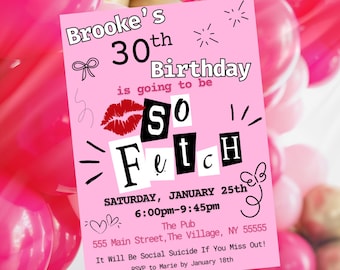 Modèle d'invitation d'anniversaire So Fetch, faire-parts de fête pour filles méchantes modifiables, invitations So Fetch chien imprimable