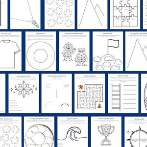 K&ouml;nnte beinhalten: Eine Sammlung von druckbaren Arbeitsbl&auml;ttern mit schwarz-wei&szlig;en Strichzeichnungen, darunter ein T-Shirt, ein Labyrinth, ein Pokal, ein Surfbrett, ein Kompass, geometrische Figuren, Berge, Blumen und verschiedene Formen f&uuml;r p&auml;dagogische &Uuml;bungen.
