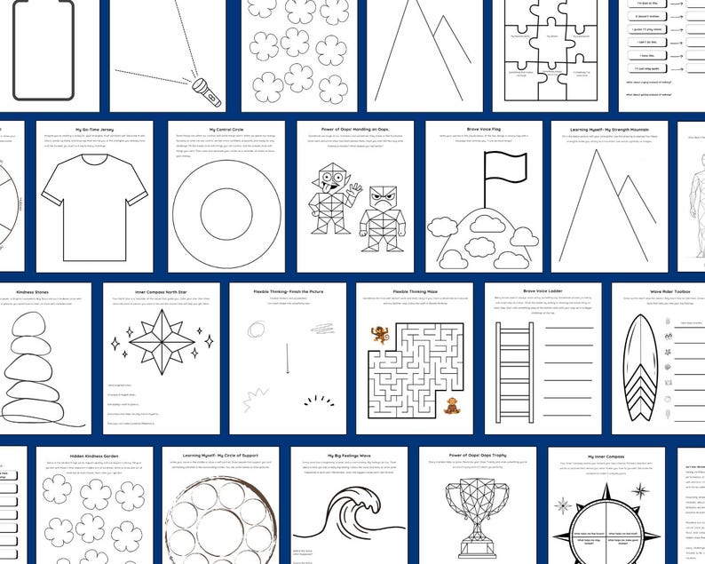 K&ouml;nnte beinhalten: Eine Sammlung von druckbaren Arbeitsbl&auml;ttern mit schwarz-wei&szlig;en Strichzeichnungen, darunter ein T-Shirt, ein Labyrinth, ein Pokal, ein Surfbrett, ein Kompass, geometrische Figuren, Berge, Blumen und verschiedene Formen f&uuml;r p&auml;dagogische &Uuml;bungen.