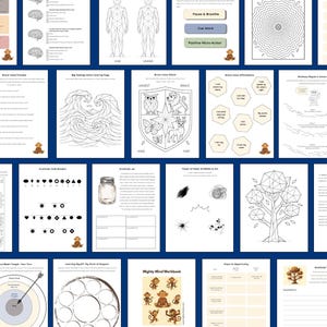 K&ouml;nnte beinhalten: Eine Sammlung druckbarer Arbeitsbl&auml;tter mit dem Titel Mighty Mind Workbook, die schwarz-wei&szlig;e Strichzeichnungen, geometrische Muster, Achtsamkeits&uuml;bungen, Dankbarkeitsaufgaben sowie Illustrationen von Affen, B&auml;umen und Wellen enthalten.
