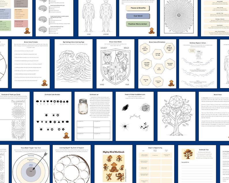 K&ouml;nnte beinhalten: Eine Sammlung druckbarer Arbeitsbl&auml;tter mit dem Titel Mighty Mind Workbook, die schwarz-wei&szlig;e Strichzeichnungen, geometrische Muster, Achtsamkeits&uuml;bungen, Dankbarkeitsaufgaben sowie Illustrationen von Affen, B&auml;umen und Wellen enthalten.
