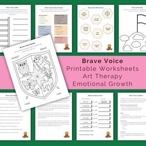 Op de afbeelding: Een verzameling printbare werkbladen getiteld Brave Voice, met zwart-wit lijntekeningen waaronder een schild met een uil, leeuw, hert en vlinders, een ladder, een vlag op een heuvel en diverse op tekst gebaseerde emotionele oefeningen.