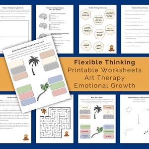 May include: A collection of printable worksheets titled Flexible Thinking, featuring various exercises including story switch-ups, challenges, affirmations, prompts, mazes, and drawing activities, all decorated with small monkey illustrations.