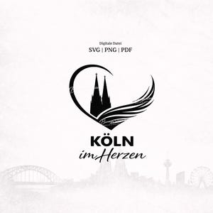 Könnte beinhalten: Schwarz-weißes digitales Design mit dem Kölner Dom in Herzform und dem Text "KÖLN im Herzen" darunter. Das Design enthält auch den Text "Digitale Datei SVG | PNG | PDF".