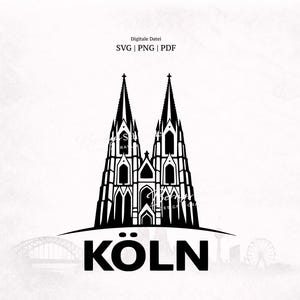 Könnte beinhalten: Schwarz-weiße Grafik des Kölner Doms, einem berühmten Wahrzeichen in Deutschland. Das Wort "KÖLN" wird fett am unteren Rand angezeigt. Das Bild enthält auch den Text "Digitale Datei SVG | PNG | PDF".