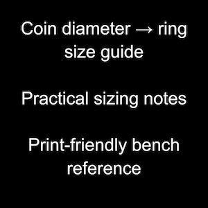 May include: A black screen displays white text about ring sizing. The text includes "Ring size reference chart," "Coin diameter -> ring size guide," "Practical sizing notes," and "Print-friendly bench reference."