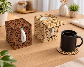 Laser Cut Mug Box SVG | Geometric Plywood Gift Holder (Digital Download)