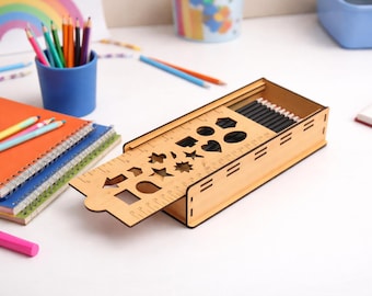 Kids Stencil Box with Ruler SVG, Laser Cut Plywood Pencil Case (Digital Download)