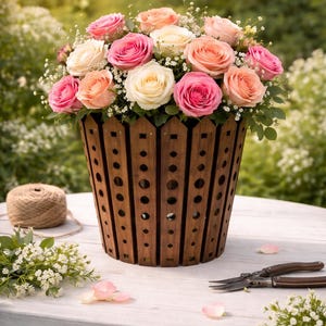 Könnte beinhalten: Ein Holzkübel gefüllt mit einem lebendigen Arrangement aus Rosen in Rosa-, Pfirsich- und Cremetönen. Der Kübel steht auf einem weißen Tisch, mit Gartenscheren und Bindfaden in der Nähe. Die Szene spielt sich im Freien ab.