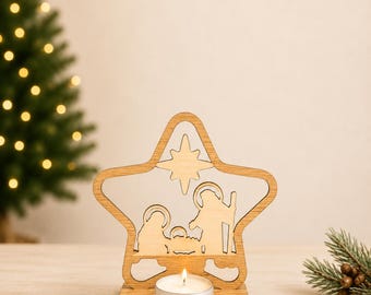 Nativity Candle Holder SVG | Christmas Star Tealight Stand | Laser Cut Manger Scene for 3mm Wood | Digital Download