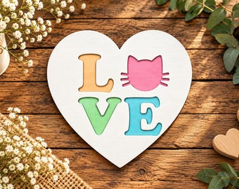Cat Love Heart SVG, Cat Wall Art Laser Cut File, Wooden Heart Sign SVG, Cute Cat Decor, Valentine Cat Gift, Cat Lover Wall Decor