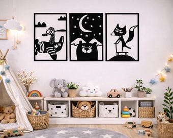 Kids Animal Triptych Wall Art | Zebra, Bear, Fox Laser Cut SVG (Digital Download)