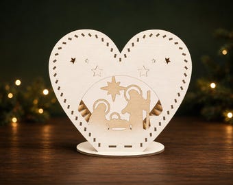 Heart Nativity Light Box 3mm SVG | Christmas Manger Scene Lamp | Laser Cut Holy Family Decor for 3mm Wood