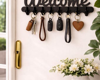 Welcome Key Holder | Metal Entryway Organizer, Wall Mount Hooks