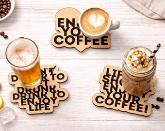 Wooden Coaster SVG Bundle | Laser Cut Funny Coffee Quotes (Digital Download)