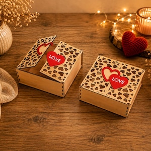 May include: Two wooden boxes with heart-shaped cutouts and red heart accents that read "LOVE". The boxes are open, revealing the interior. The boxes are on a wooden surface, with a candle and decorative elements in the background.