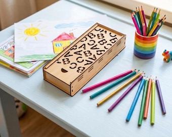 Alphabet Stencil Pencil Box, Laser Cut Wood Case, Kids Drawing Stencil (SVG File)