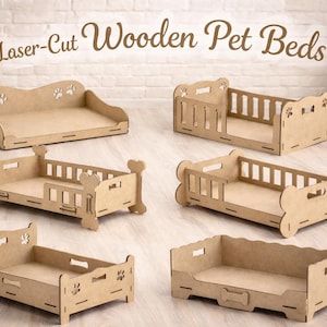 May include: A selection of laser-cut wooden pet beds. The beds are made from light brown wood and feature paw print and bone-shaped cutouts. The beds come in various shapes and sizes, suitable for small pets.