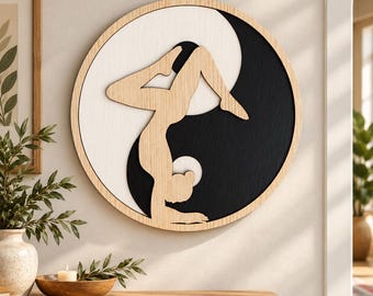 Yoga Yin Yang SVG, Handstand Yoga Wall Art, Layered Wooden Mandala, Meditation Decor, Yoga Studio Laser Cut File