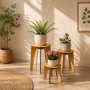 以下が含まれることがあります： 木製のプランタースタンドに鉢植えの植物が置かれた、明るく開放的なインテリアシーン。 織りバスケットに入った大きな木、シダ、多肉植物、開花植物などがあります。 壁には額入りの植物画が飾られています。
